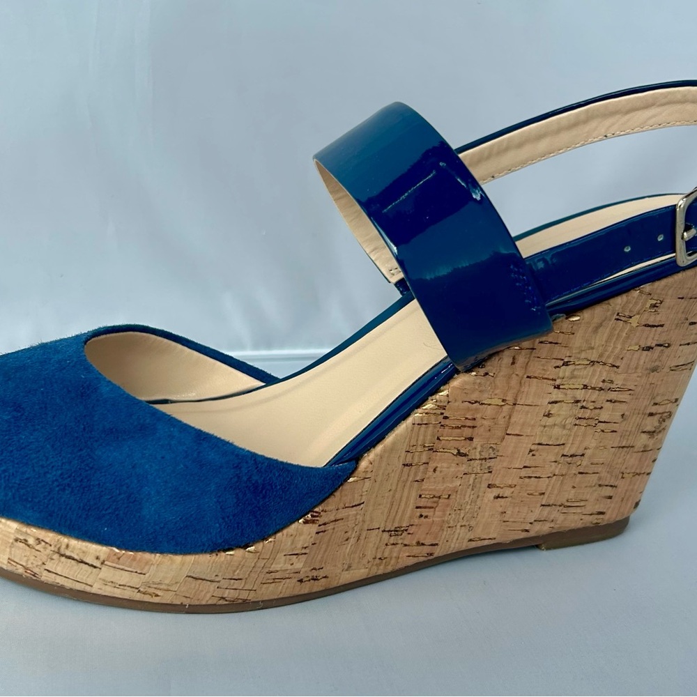 Talbots Blue Suede Wedge Sandals Size 8 1/2M Suede Upper Cork Wedge 4” Heel
